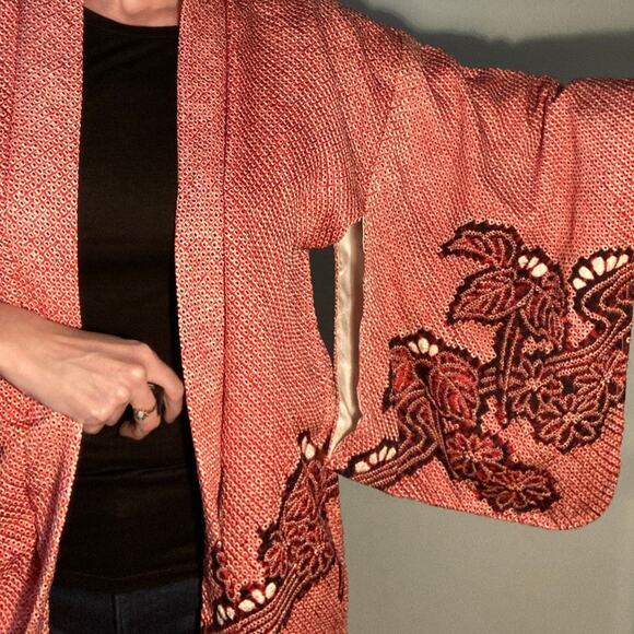 Kimono Haori Jacket Beautiful Pink Red Plum Flower Shibori Dyed ~ Breathtaking - Picture 4 of 11